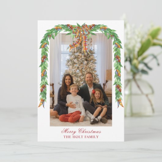 Watercolor Kerst Plaid Strik Guirlande Foto Feestdagenkaart (Staand voorkant)