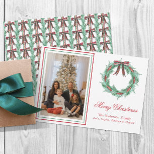 Watercolor Kerst Plaid Strik Krans Foto Feestdagenkaart