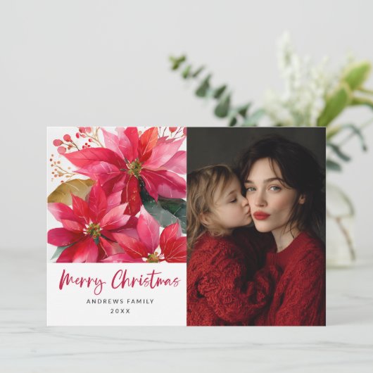 Watercolor Kerst Poinsettia Ontwerp Aankondiging (Staand voorkant)