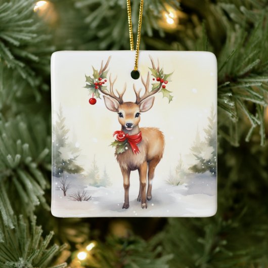 Watercolor Kerst Rendier Keramisch Ornament (Boom)