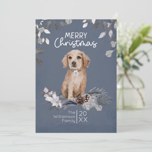 Watercolor Kerst Retriever Puppy Feestdagenkaart (Staand voorkant)