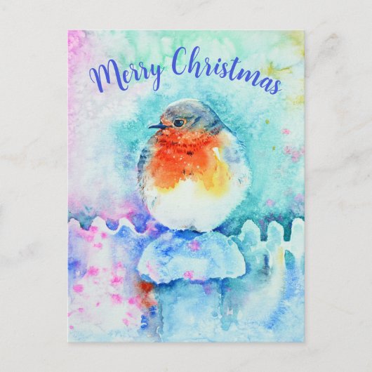 Watercolor Kerst Robin Kleurrijke Gepersonaliseerd Feestdagenkaart (Voorkant)
