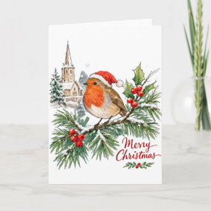 Watercolor Kerst Robin met Hulst en Sneeuw Kaart