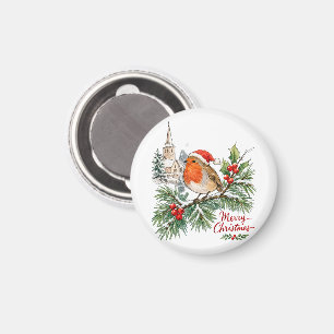 Watercolor Kerst Robin met Hulst en Sneeuw Magneet