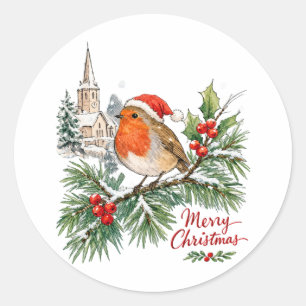Watercolor Kerst Robin met Hulst en Sneeuw Ronde Sticker