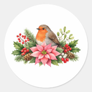Watercolor Kerst Robin met Poinsettia Ronde Sticker