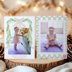 Watercolor Kerst Roze Groene Boog Slinger Foto Feestdagenkaart