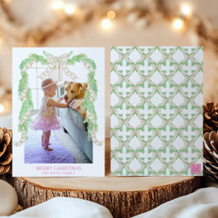 Watercolor Kerst Roze Groene Boog Slinger Foto Feestdagenkaart
