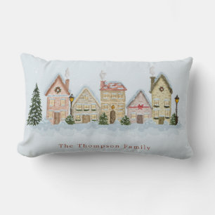 Watercolor Kerst Village Aangepaste Familienaam Kussen