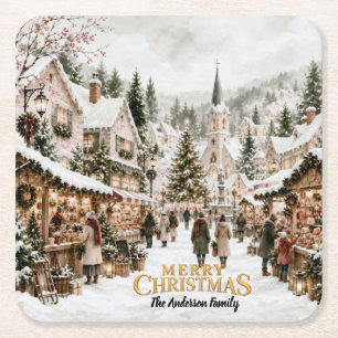 Watercolor Kerst Village Kartonnen Onderzetters