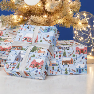 Watercolor Kerst Village Lichtblauw Cadeaupapier