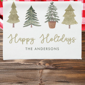 Watercolor Kerstbomen Aangepaste Familienaam Theedoek