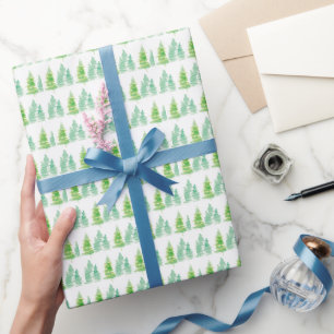 Watercolor Kerstbomen Groen Wit Cadeaupapier