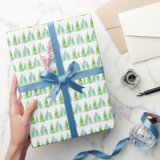 Watercolor Kerstbomen Groen Wit Cadeaupapier (Geschenken)