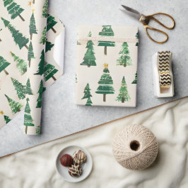 Watercolor Kerstbomen | Groene Pijnboom Kerstmis Cadeaupapier