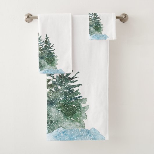Watercolor Kerstbomen Sneeuw Katoen Wit Bad Handdoek (Insitu)