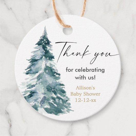 Watercolor Kerstboom baby shower favor labels (Voorkant)