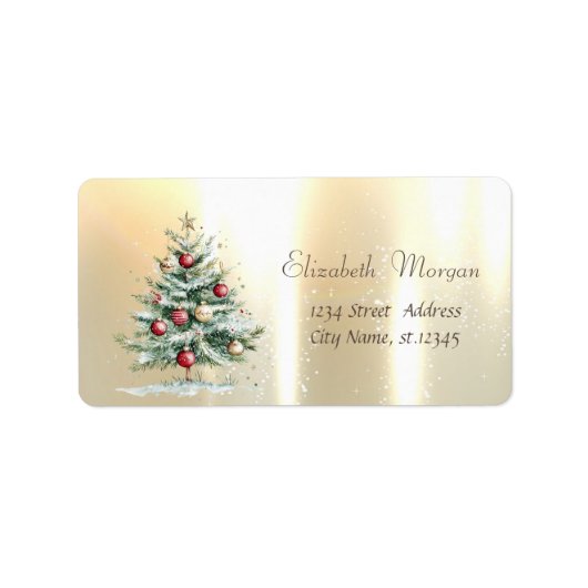 Watercolor Kerstboom Ballen Goud Etiket (Voorkant)