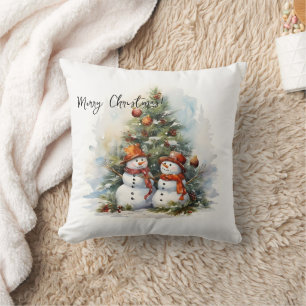 Watercolor Kerstboom en Sneeuwmannen Kussen