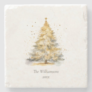 Watercolor Kerstboom Familie Naam Aandenken Stenen Onderzetter