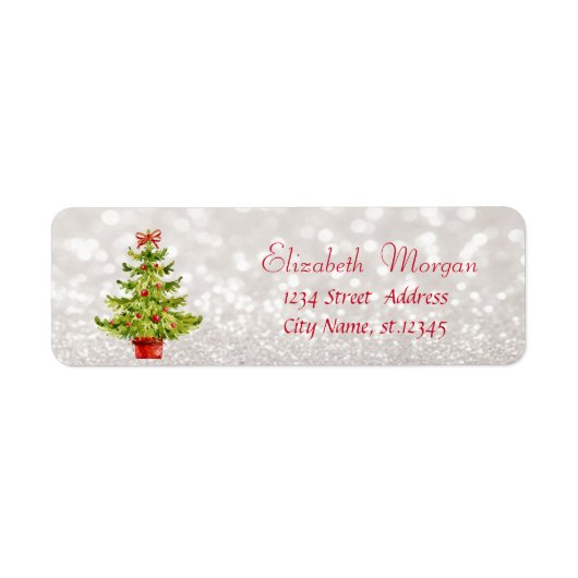 Watercolor Kerstboom, Glitterige Bokeh Etiket (Voorkant)