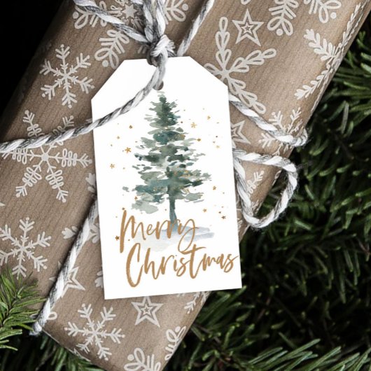 Watercolor Kerstboom Goud Cadeaulabel