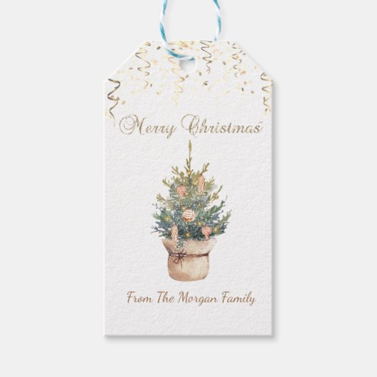 Watercolor Kerstboom, Gouden Confetti Cadeaulabel (Voorkant)