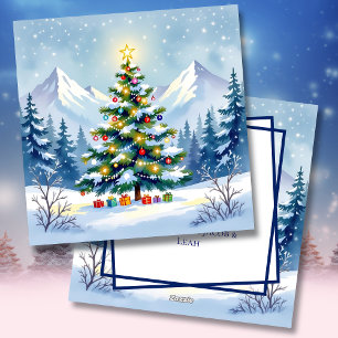 Watercolor Kerstboom in de Bergen   Feestdagenkaart