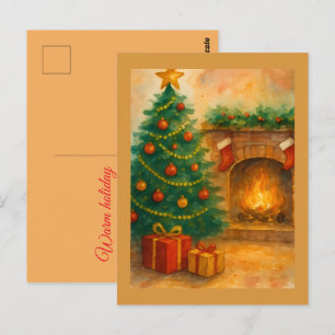 Watercolor Kerstboom & Koele Haard Oudejaarsavond Briefkaart