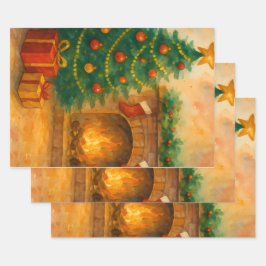 Watercolor Kerstboom & Koele Haard Oudejaarsavond Inpakpapier Vel