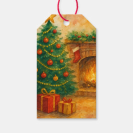 Watercolor Kerstboom & Koele Haard Vrolijke Feestd Cadeaulabel