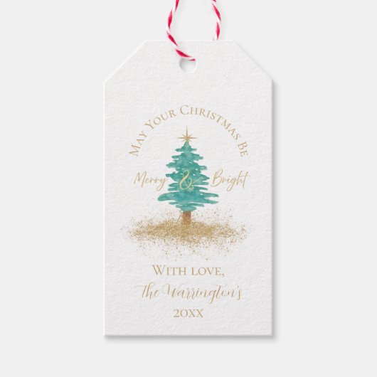 Watercolor Kerstboom, "Merry & Bright" Cadeaulabel (Voorkant)