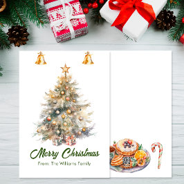 Watercolor kerstboom met belletjes, feestdagenkaart