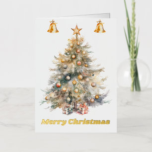 Watercolor kerstboom met belletjes, folie wenskaart