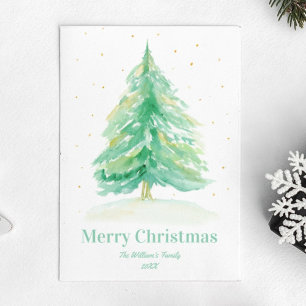 Watercolor Kerstboom Met Gouden Sneeuw Briefkaart