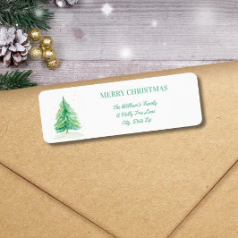 Watercolor Kerstboom Met Gouden Sneeuw Etiket