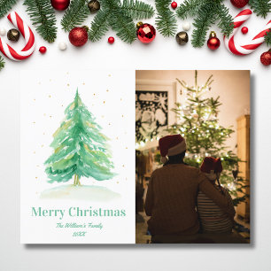 Watercolor Kerstboom Met Gouden Sneeuw Feestdagenkaart