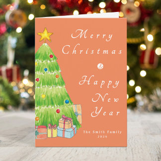 Watercolor Kerstboom & Nieuwjaar Familie Feestdagen Kaart