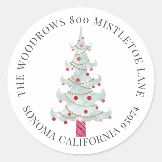 Watercolor kerstboom retouradres ronde sticker (Voorkant)