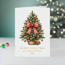 Watercolor Kerstboom Rode Gingham Strik Foto Folie Feestdagenkaart