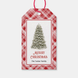 Watercolor Kerstboom Rode Rutige Kerstmis Cadeaulabel