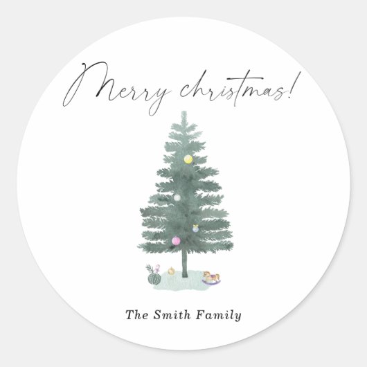 Watercolor kerstboom ronde sticker (Voorkant)