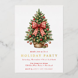 Watercolor Kerstboom Rood Gingham Strik Feest Folie Uitnodiging