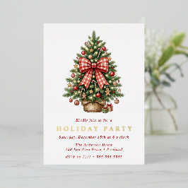 Watercolor Kerstboom Rood Gingham Strik Feest Folie Uitnodiging