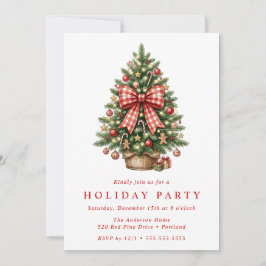 Watercolor Kerstboom Rood Gingham Strik Feest Kaart