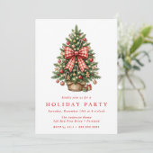 Watercolor Kerstboom Rood Gingham Strik Feest Kaart (Staand voorkant)