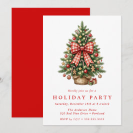 Watercolor Kerstboom Rood Gingham Strik Feest Kaart