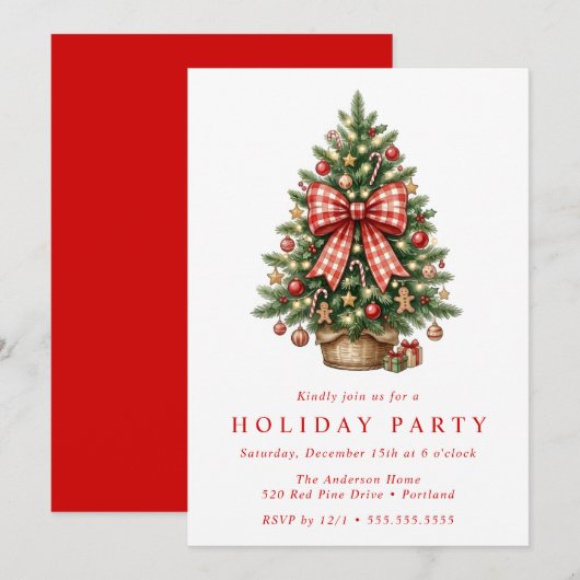 Watercolor Kerstboom Rood Gingham Strik Feest Kaart (Voorkant / Achterkant)
