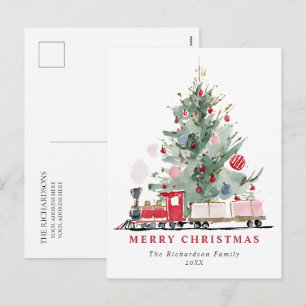 Watercolor Kerstboom Speelgoed Trein Feestdagenkaart