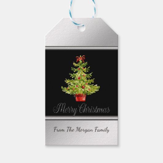 Watercolor Kerstboom, Zwart, Zilver Cadeaulabel (Voorkant)